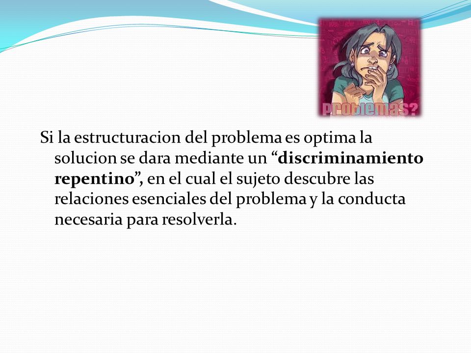 Si la estructuracion del problema es optima la solucion se dara mediante un discriminamiento repentino , en el cual el sujeto descubre las relaciones esenciales del problema y la conducta necesaria para resolverla.