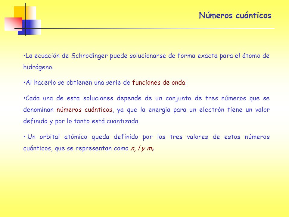 Números cuánticos La ecuación de Schrödinger puede solucionarse de forma exacta para el átomo de hidrógeno.