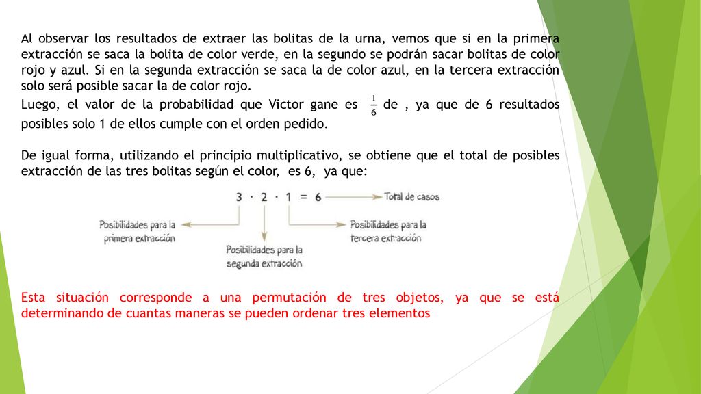 Al observar los resultados de extraer las bolitas de la urna, vemos que si en la primera extracción se saca la bolita de color verde, en la segundo se podrán sacar bolitas de color rojo y azul. Si en la segunda extracción se saca la de color azul, en la tercera extracción solo será posible sacar la de color rojo.