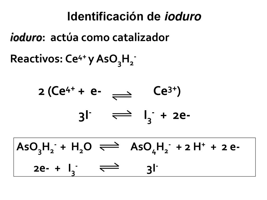 2 (Ce4+ + e- Ce3+) 3I- I3- + 2e- Identificación de ioduro