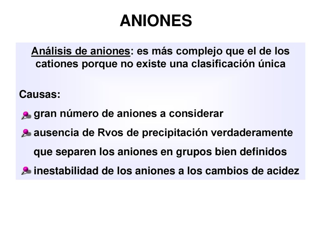 ANIONES Análisis de aniones: es más complejo que el de los cationes porque no existe una clasificación única.