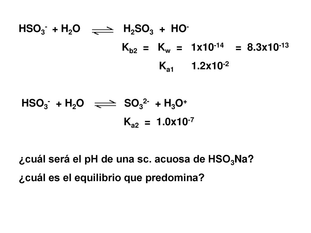 HSO3- + H2O H2SO3 + HO- Kb2 = Kw = 1x10-14 = 8.3x Ka1 1.2x10-2.