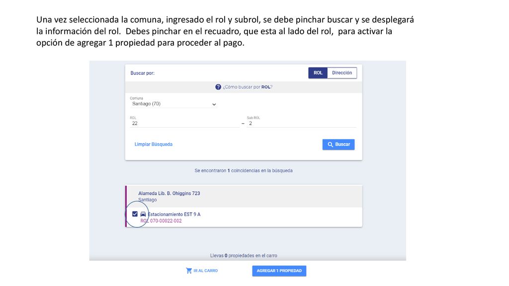 Una vez seleccionada la comuna, ingresado el rol y subrol, se debe pinchar buscar y se desplegará la información del rol.
