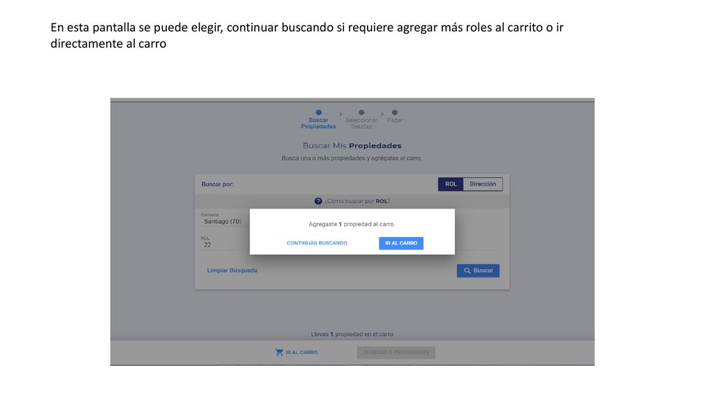 En esta pantalla se puede elegir, continuar buscando si requiere agregar más roles al carrito o ir directamente al carro