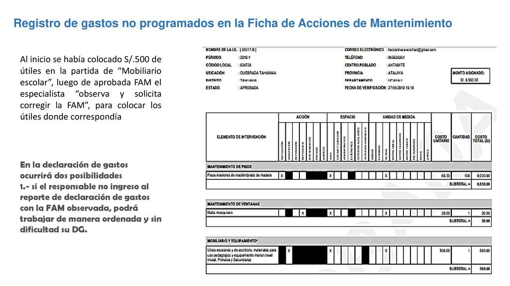 Registro de gastos no programados en la Ficha de Acciones de Mantenimiento