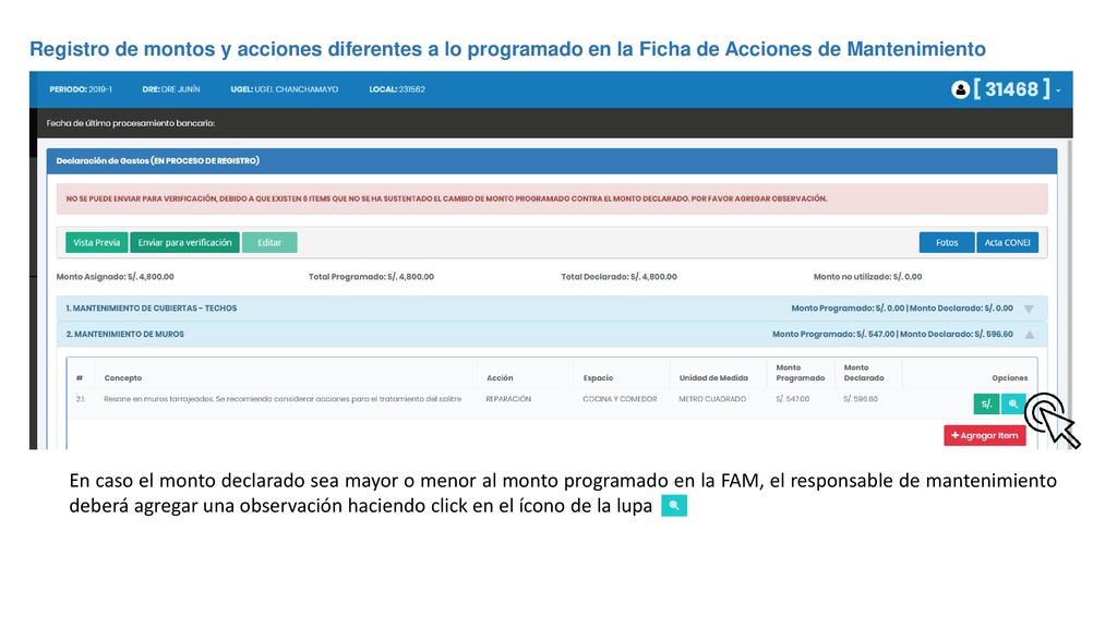 Registro de montos y acciones diferentes a lo programado en la Ficha de Acciones de Mantenimiento