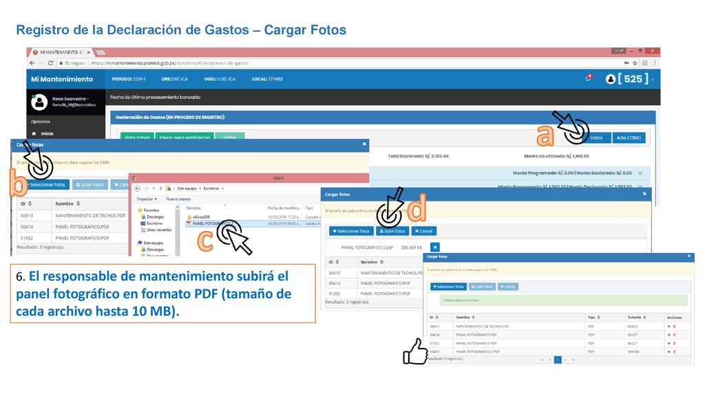 a b d c Registro de la Declaración de Gastos – Cargar Fotos