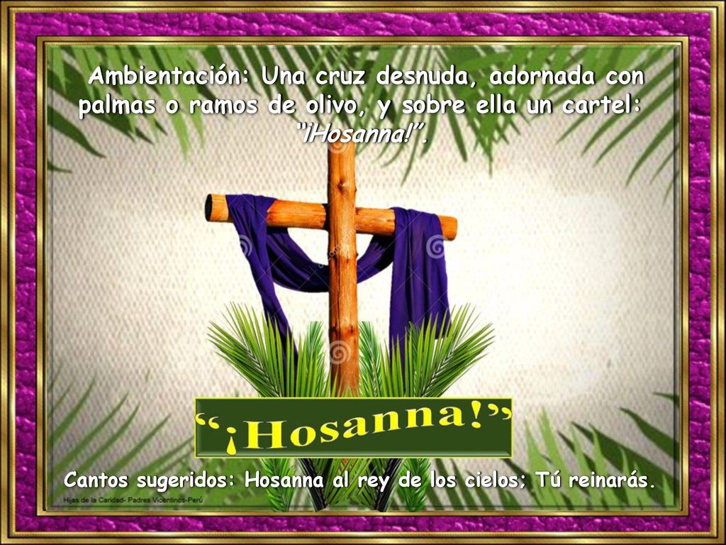 Cantos sugeridos: Hosanna al rey de los cielos; Tú reinarás.