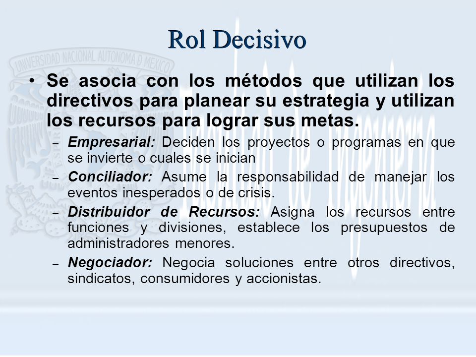 Rol Decisivo Se asocia con los métodos que utilizan los directivos para planear su estrategia y utilizan los recursos para lograr sus metas.