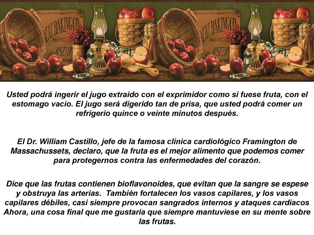 Usted podrá ingerir el jugo extraído con el exprimidor como si fuese fruta, con el estomago vacío. El jugo será digerido tan de prisa, que usted podrá comer un refrigerio quince o veinte minutos después.