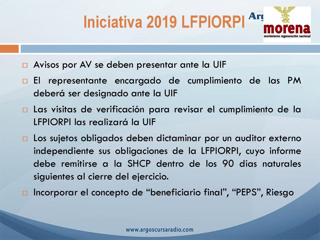 Iniciativa 2019 LFPIORPI Avisos por AV se deben presentar ante la UIF