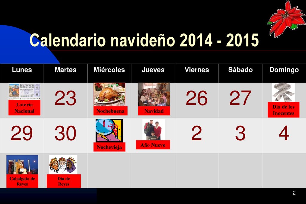 Calendario navideño Lunes. Martes. Miércoles. Jueves. Viernes. Sábado. Domingo. 22.