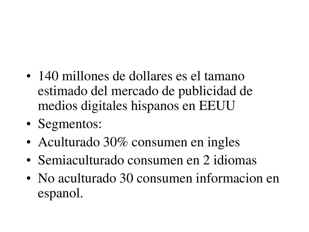 140 millones de dollares es el tamano estimado del mercado de publicidad de medios digitales hispanos en EEUU