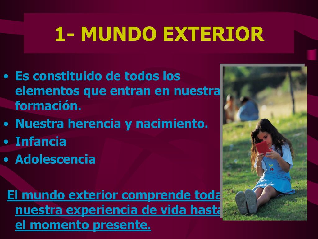 1- MUNDO EXTERIOR Es constituido de todos los elementos que entran en nuestra formación. Nuestra herencia y nacimiento.