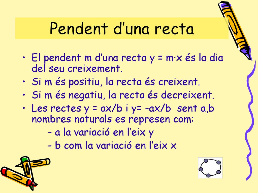 Pendent d’una recta El pendent m d’una recta y = m·x és la dia del seu creixement. Si m és positiu, la recta és creixent.
