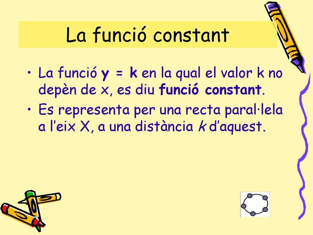 La funció constant La funció y = k en la qual el valor k no depèn de x, es diu funció constant.
