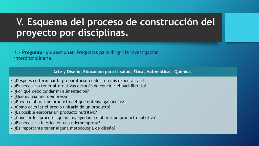 V. Esquema del proceso de construcción del proyecto por disciplinas.