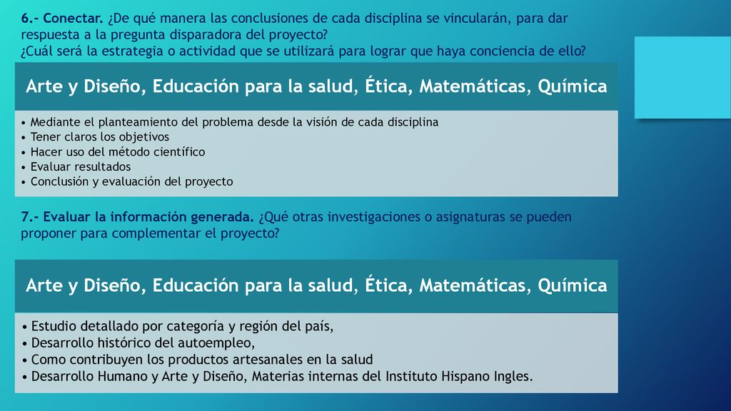 Arte y Diseño, Educación para la salud, Ética, Matemáticas, Química