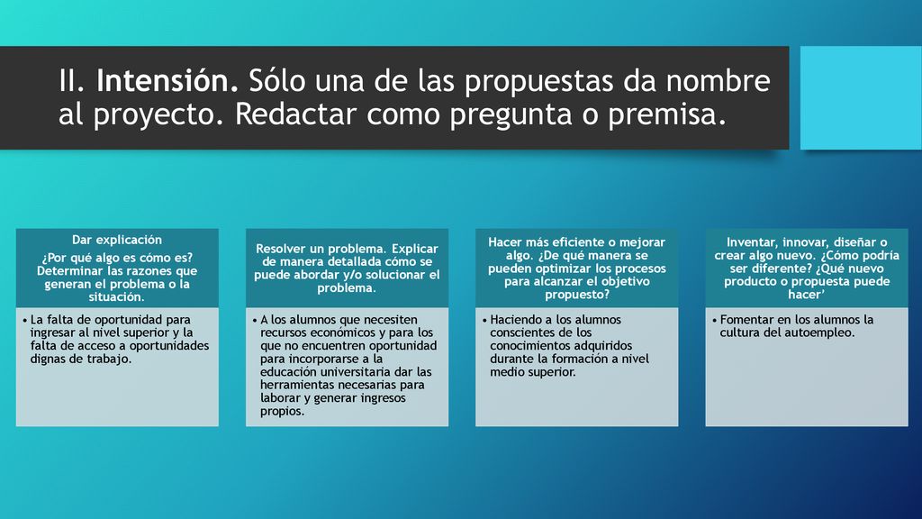 II. Intensión. Sólo una de las propuestas da nombre al proyecto