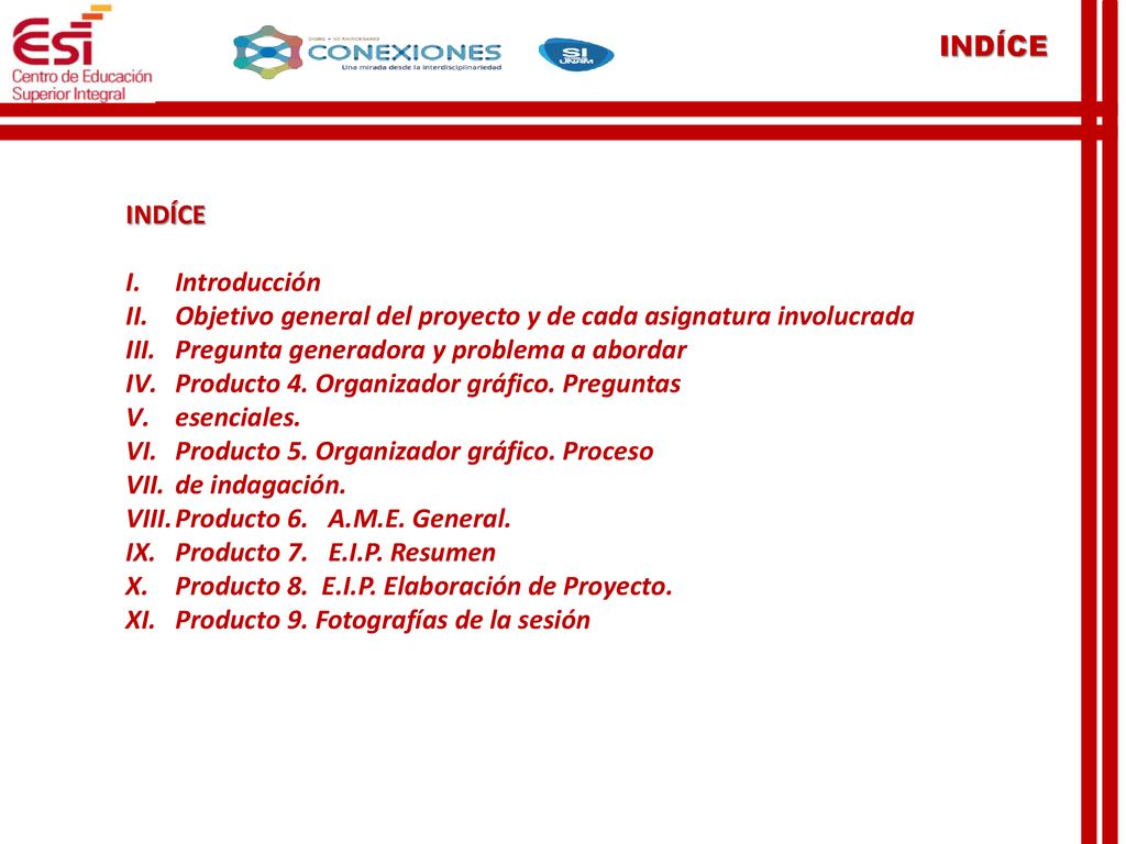 INDÍCE INDÍCE. Introducción. Objetivo general del proyecto y de cada asignatura involucrada. Pregunta generadora y problema a abordar.