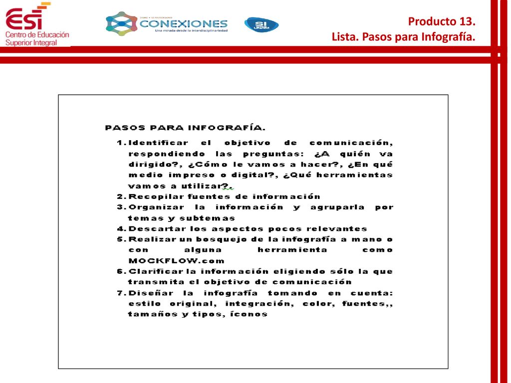 Producto 13. Lista. Pasos para Infografía.