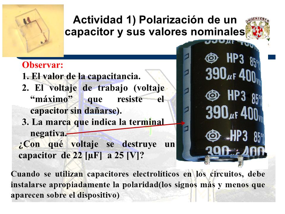 Actividad 1) Polarización de un capacitor y sus valores nominales