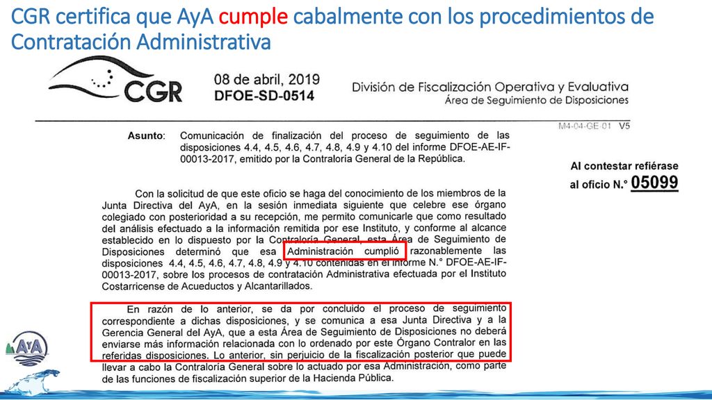 CGR certifica que AyA cumple cabalmente con los procedimientos de Contratación Administrativa