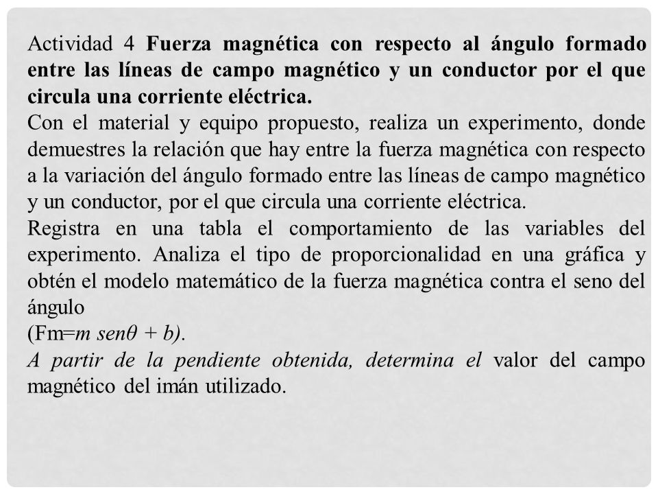 Actividad 4 Fuerza magnética con respecto al ángulo formado entre las líneas de campo magnético y un conductor por el que circula una corriente eléctrica.