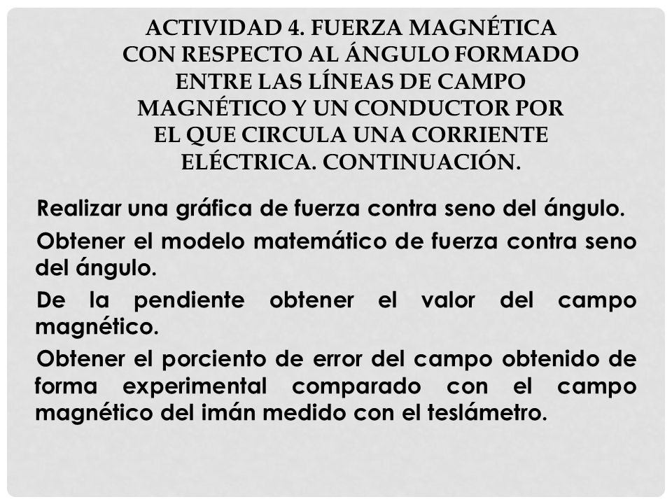 Actividad 4. Fuerza magnética con respecto al ángulo formado entre las líneas de campo magnético y un conductor por el que circula una corriente eléctrica. Continuación.