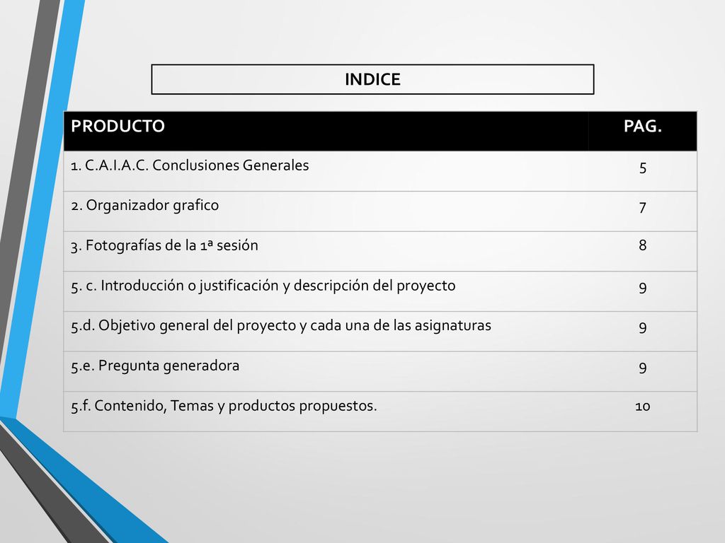 INDICE PRODUCTO PAG. 1. C.A.I.A.C. Conclusiones Generales 5