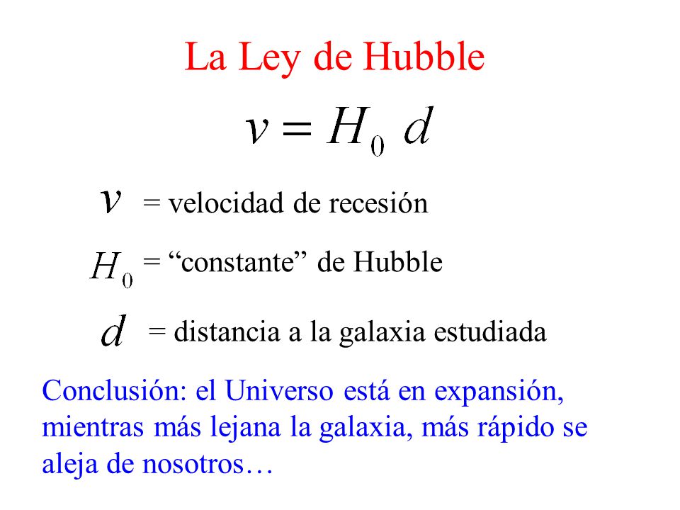 La Ley de Hubble = velocidad de recesión = constante de Hubble