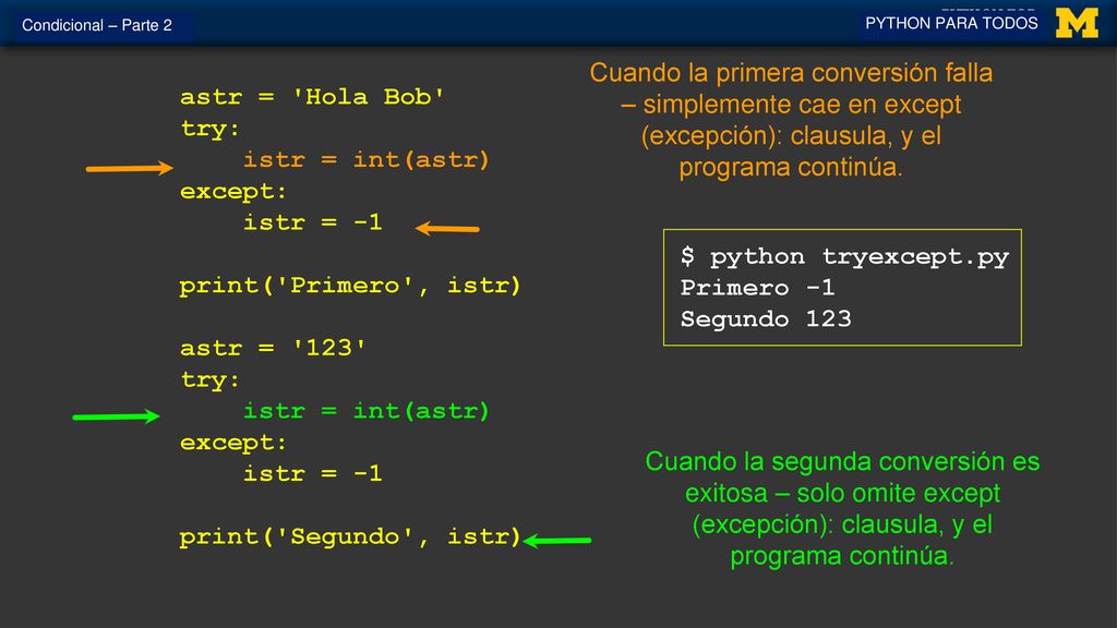 Condicional – Parte 2 PYTHON PARA TODOS. astr = Hola Bob try: istr = int(astr) except: istr = -1.