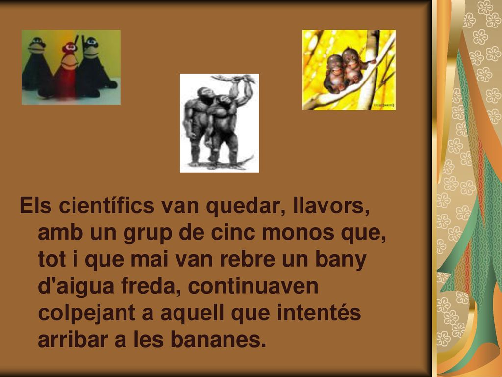 Els científics van quedar, llavors, amb un grup de cinc monos que, tot i que mai van rebre un bany d aigua freda, continuaven colpejant a aquell que intentés arribar a les bananes.