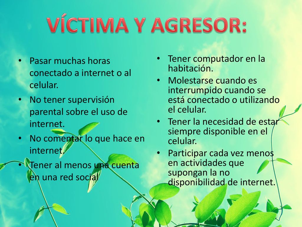 VÍCTIMA Y AGRESOR: Pasar muchas horas conectado a internet o al celular. No tener supervisión parental sobre el uso de internet.