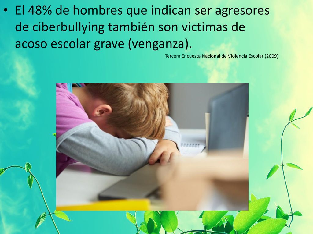 El 48% de hombres que indican ser agresores de ciberbullying también son victimas de acoso escolar grave (venganza).