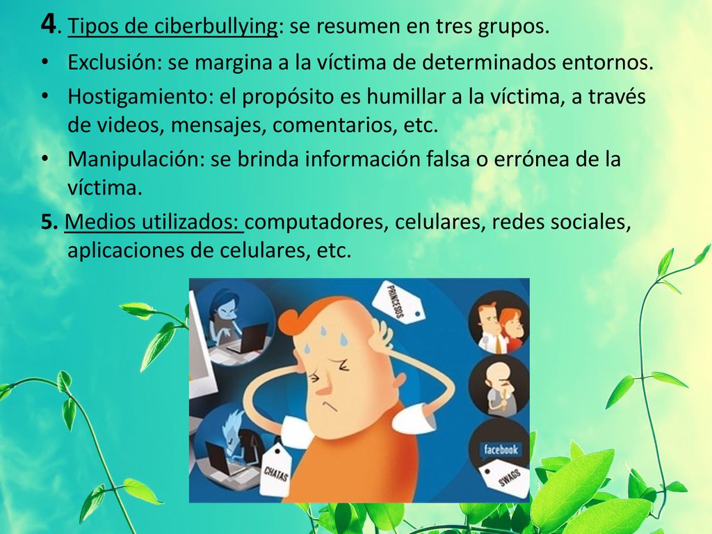 4. Tipos de ciberbullying: se resumen en tres grupos.