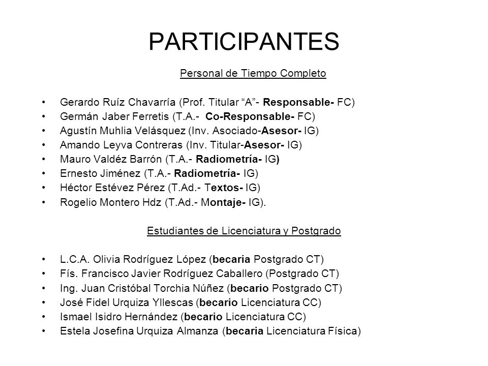 PARTICIPANTES Personal de Tiempo Completo. Gerardo Ruíz Chavarría (Prof. Titular A - Responsable- FC)