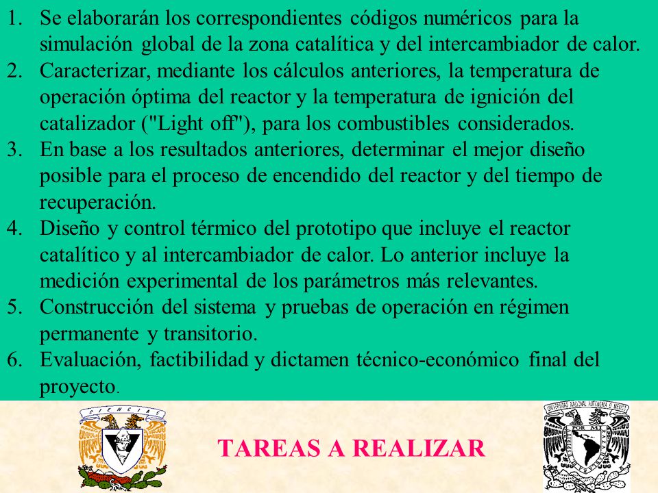 Se elaborarán los correspondientes códigos numéricos para la simulación global de la zona catalítica y del intercambiador de calor.