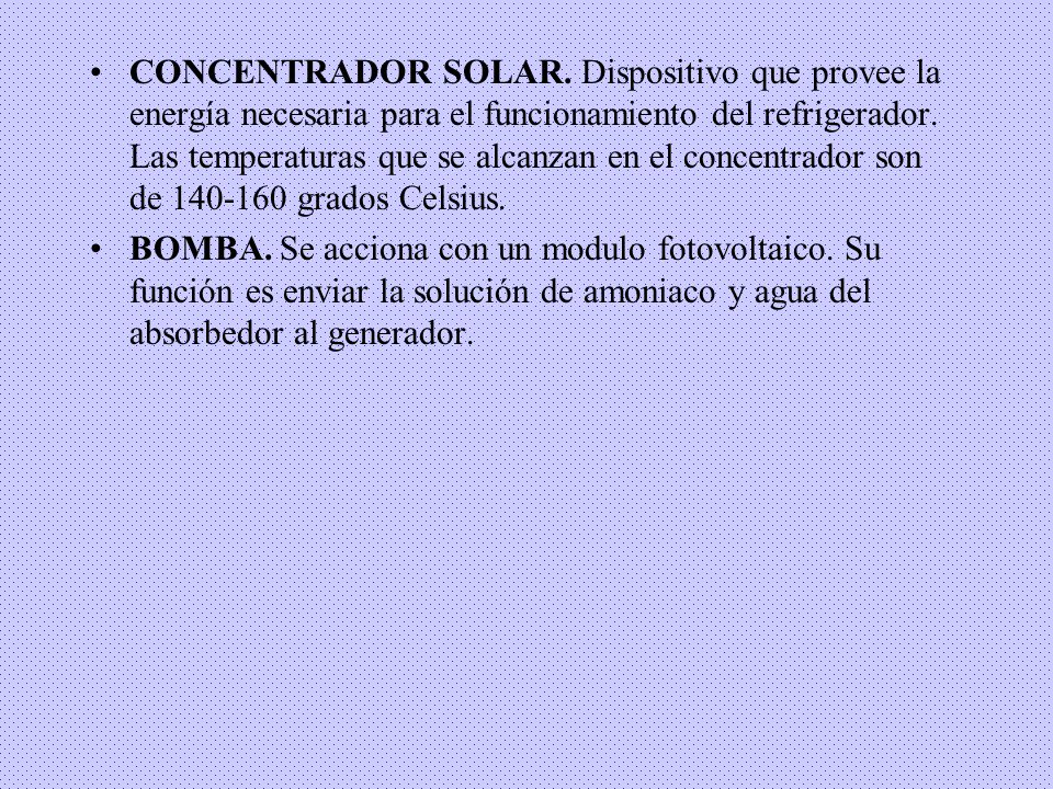 CONCENTRADOR SOLAR. Dispositivo que provee la energía necesaria para el funcionamiento del refrigerador. Las temperaturas que se alcanzan en el concentrador son de grados Celsius.