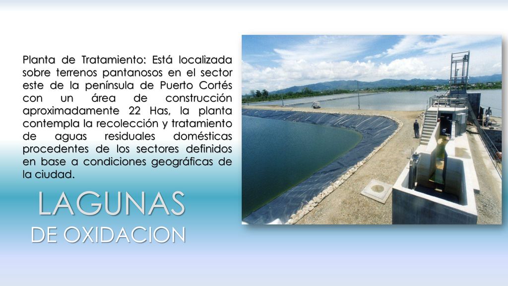 Planta de Tratamiento: Está localizada sobre terrenos pantanosos en el sector este de la península de Puerto Cortés con un área de construcción aproximadamente 22 Has, la planta contempla la recolección y tratamiento de aguas residuales domésticas procedentes de los sectores definidos en base a condiciones geográficas de la ciudad.