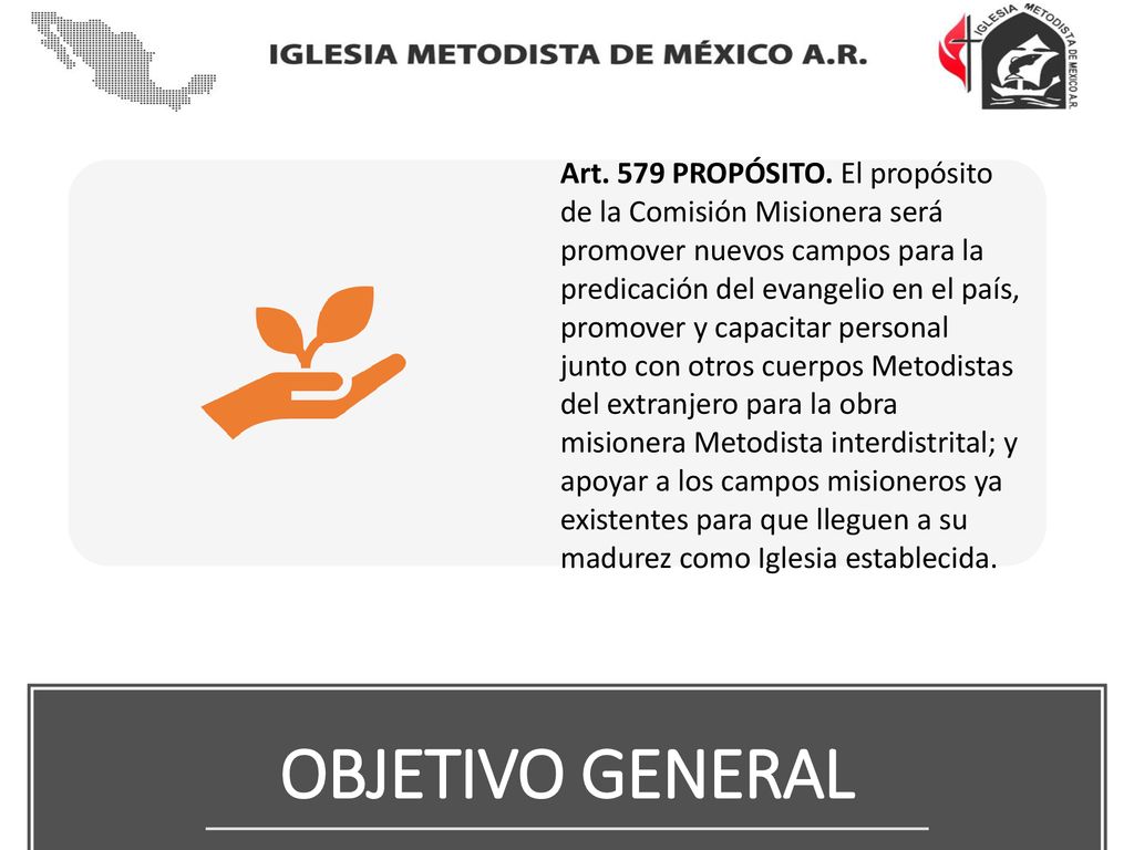 Art. 579 PROPÓSITO. El propósito de la Comisión Misionera será promover nuevos campos para la predicación del evangelio en el país, promover y capacitar personal junto con otros cuerpos Metodistas del extranjero para la obra misionera Metodista interdistrital; y apoyar a los campos misioneros ya existentes para que lleguen a su madurez como Iglesia establecida.