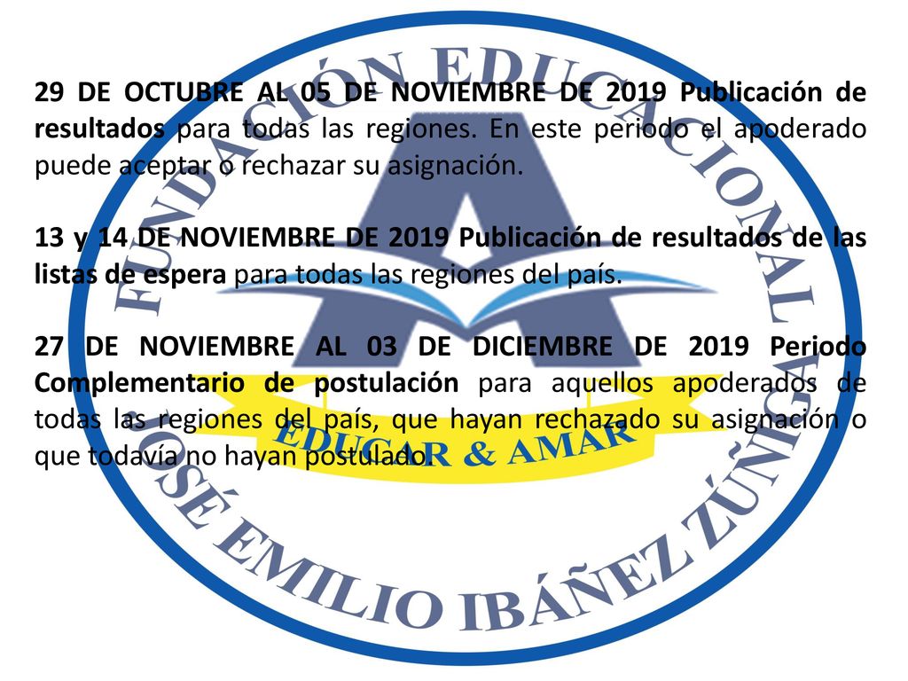 29 DE OCTUBRE AL 05 DE NOVIEMBRE DE 2019 Publicación de resultados para todas las regiones. En este periodo el apoderado puede aceptar o rechazar su asignación.