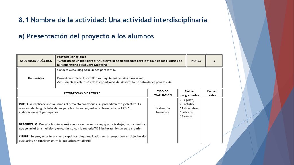 8.1 Nombre de la actividad: Una actividad interdisciplinaria a) Presentación del proyecto a los alumnos