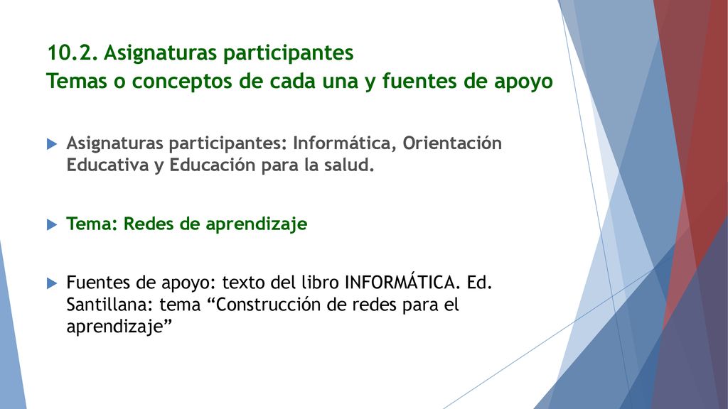 10.2. Asignaturas participantes Temas o conceptos de cada una y fuentes de apoyo