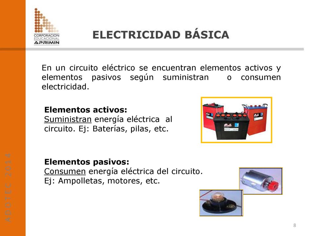 En un circuito eléctrico se encuentran elementos activos y elementos pasivos según suministran o consumen electricidad.