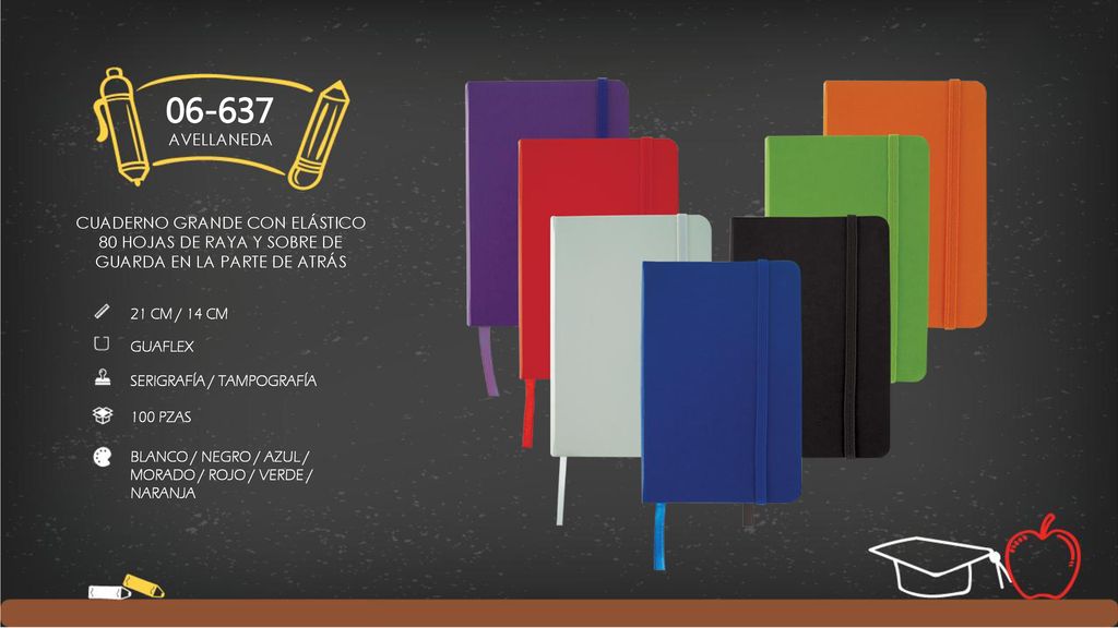 AVELLANEDA. CUADERNO GRANDE CON ELÁSTICO 80 HOJAS DE RAYA Y SOBRE DE GUARDA EN LA PARTE DE ATRÁS.