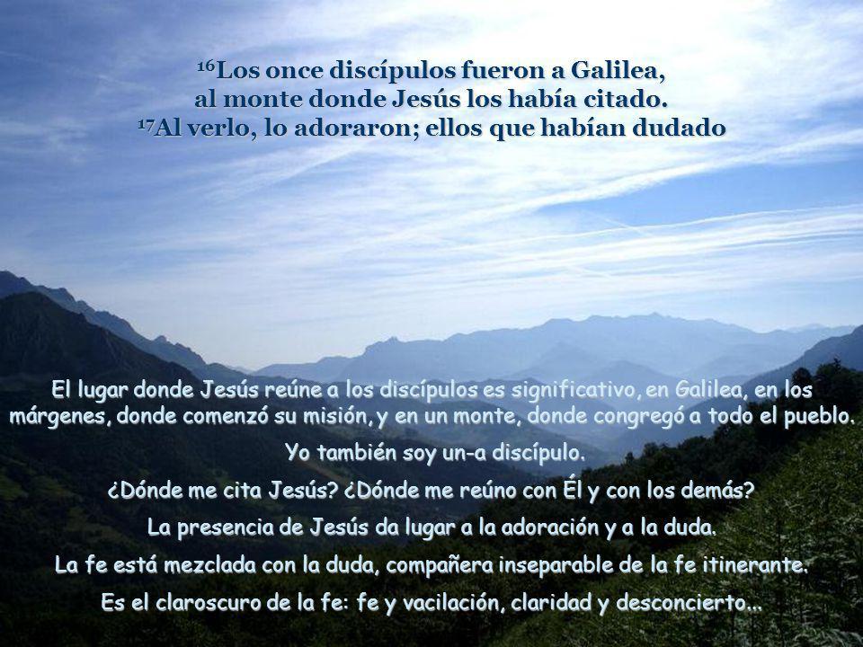 16Los once discípulos fueron a Galilea, al monte donde Jesús los había citado. 17Al verlo, lo adoraron; ellos que habían dudado