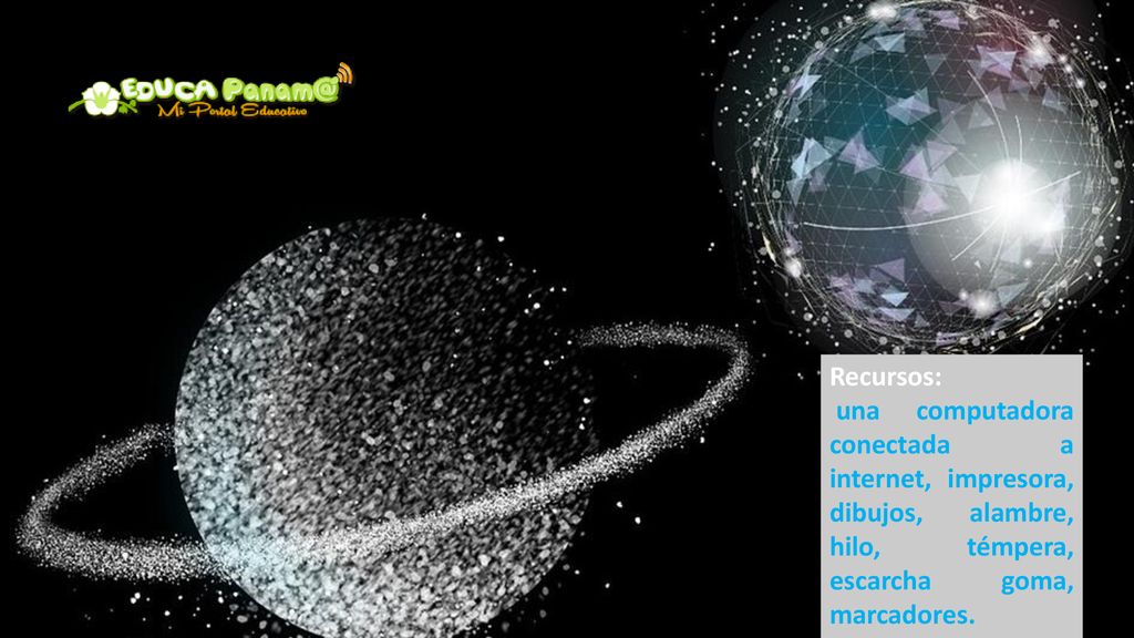 Recursos computadora conectada a internet, impresoras, dibujo del sistema solar, tijeras, marcadores, hilo, alambres, papel.