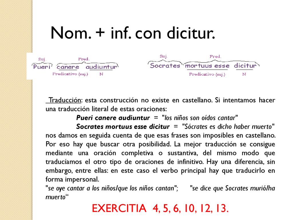 Nom. + inf. con dicitur. EXERCITIA 4, 5, 6, 10, 12, 13.