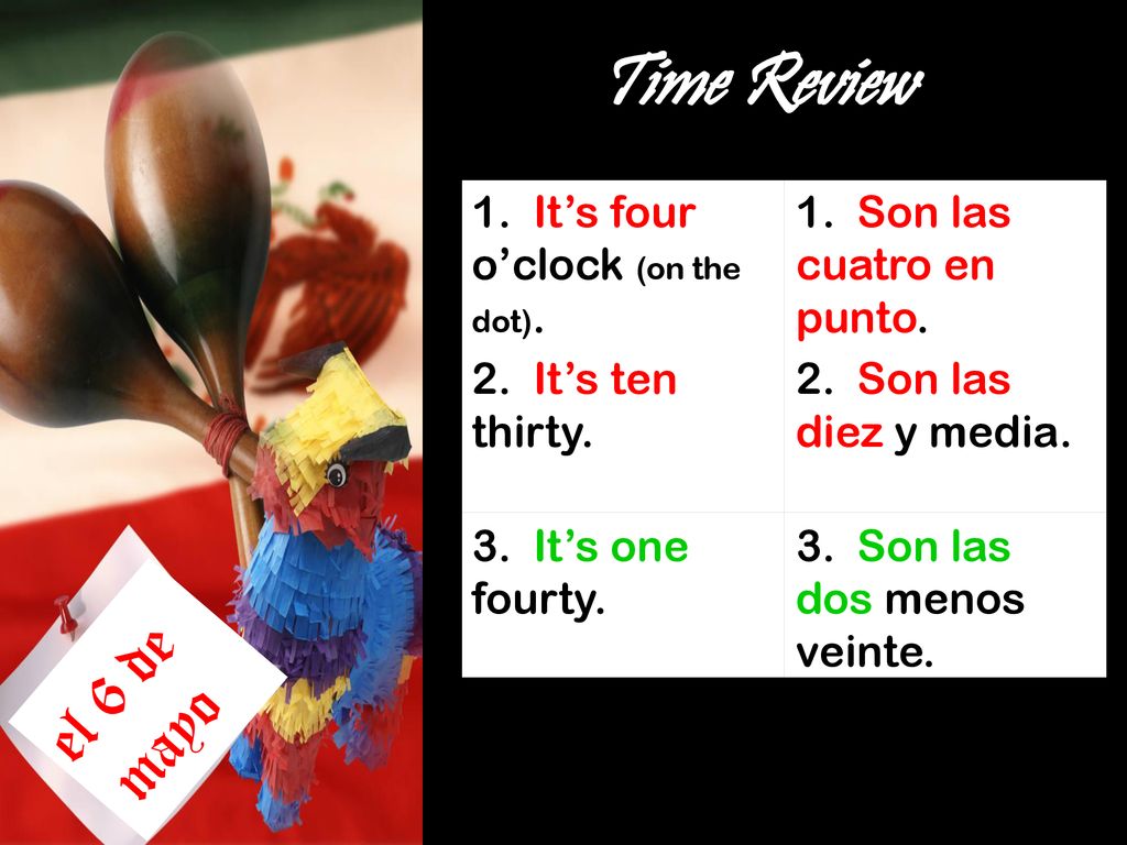 Time Review el 6 de mayo 1. It’s four o’clock (on the dot).